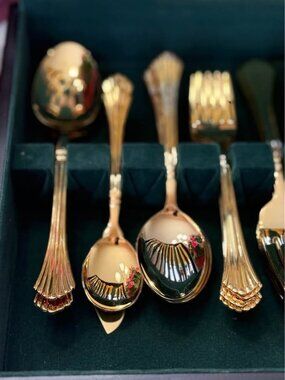 Cambridge Gold Plate Stainless Flatware Set Plume Art Deco Fan 65 Piece Korea Mi